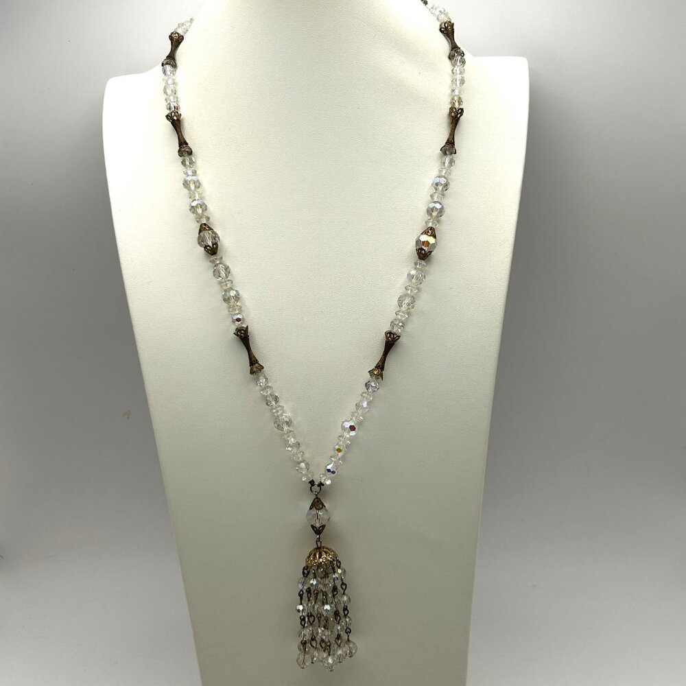 Vintage Aurora Borealis Crystal Tassel Necklace 26” Filigree Midcentury Cocktail